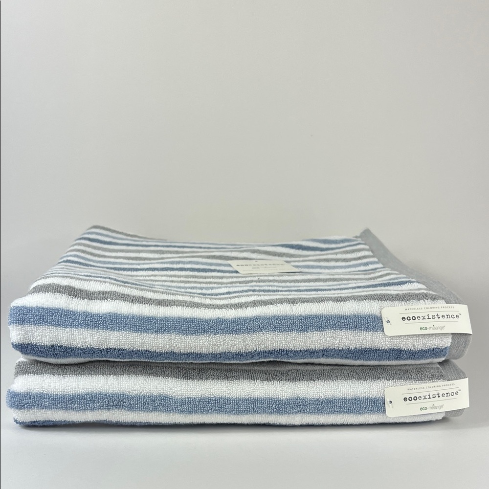 Ecoexistence Bath Towels eco-melange Blue Gray White Striped Cotton 2 pc NEW